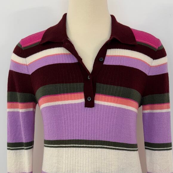 Kate Spade Striped Wool Polo Sweater Long Sleeve Collar Multicolor Maroon Size S - Picture 3 of 10